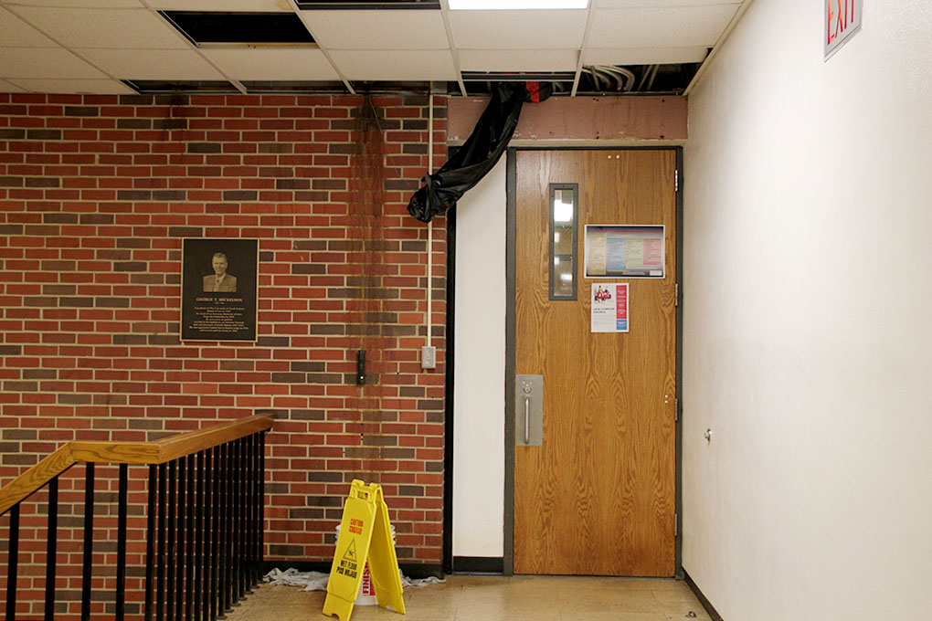 Facilities Management deals with leaky ceilings in dorms